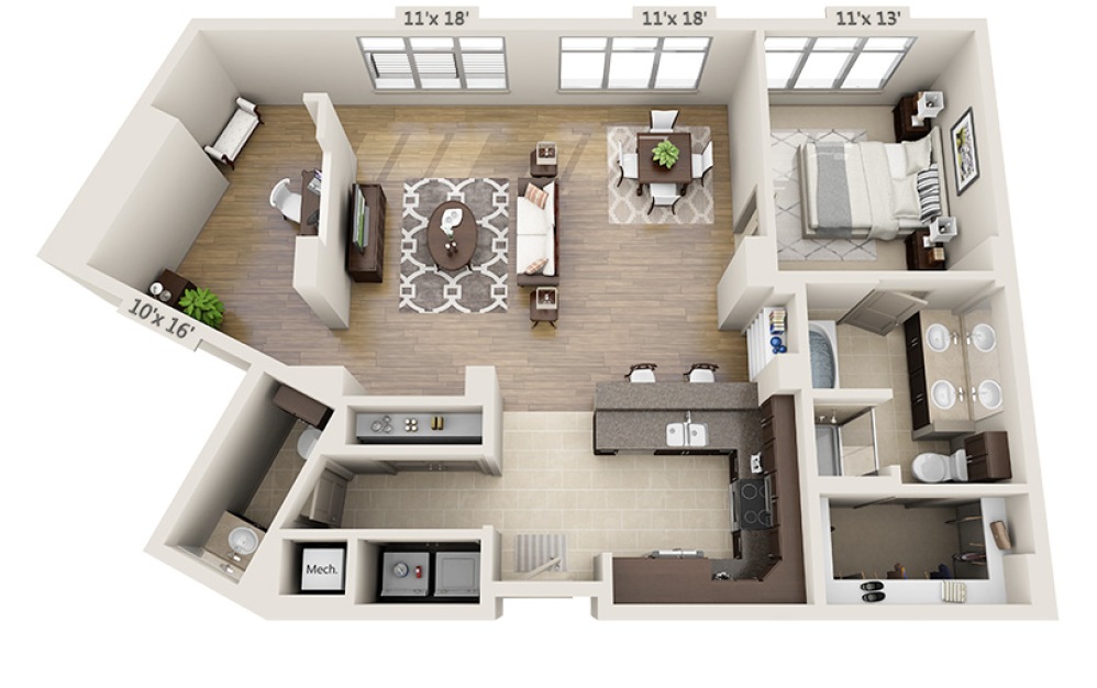 A1.5D - 1 bedroom floor plan layout with 1.5 bathroom and 1206 square feet