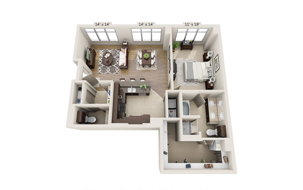 A1.5 - 1 bedroom floor plan layout with 1.5 bathroom and 1171 square feet