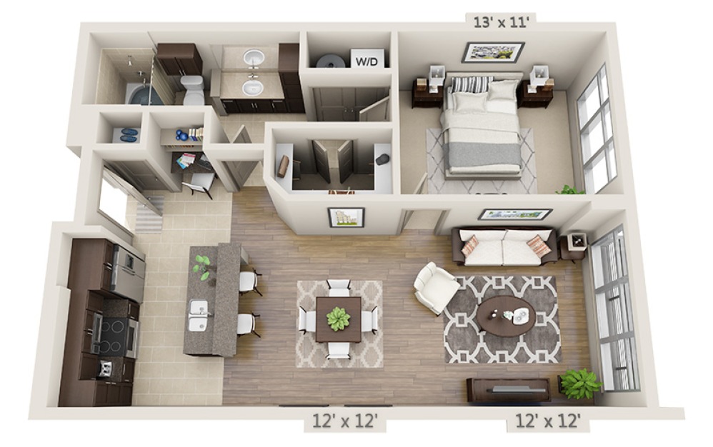 A1B - 1 bedroom floor plan layout with 1 bathroom and 849 square feet
