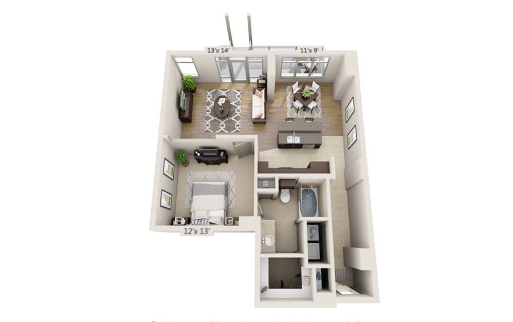 A1E - 1 bedroom floor plan layout with 1 bathroom and 1002 square feet