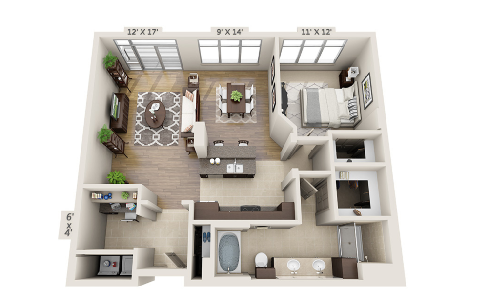A1F - 1 bedroom floor plan layout with 1 bathroom and 1020 square feet
