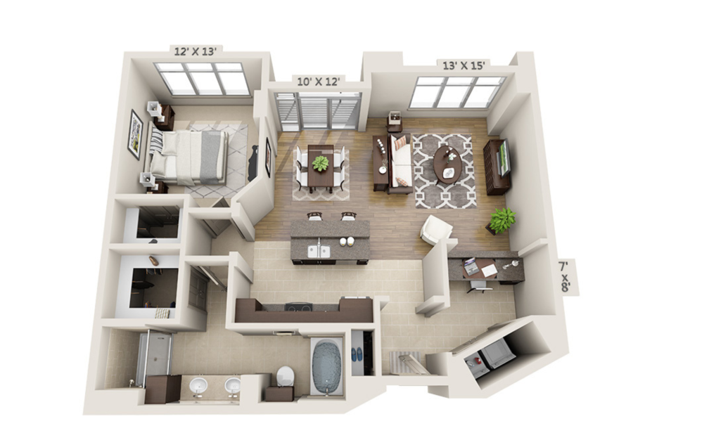 A1G - 1 bedroom floor plan layout with 1 bathroom and 1067 square feet