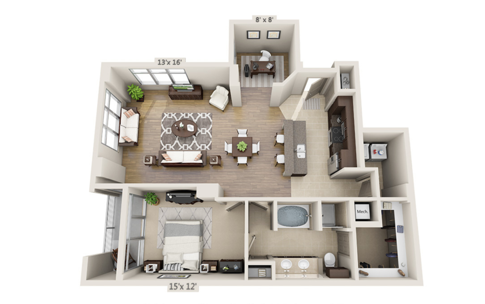 A1BD - 1 bedroom floor plan layout with 1 bathroom and 1260 square feet