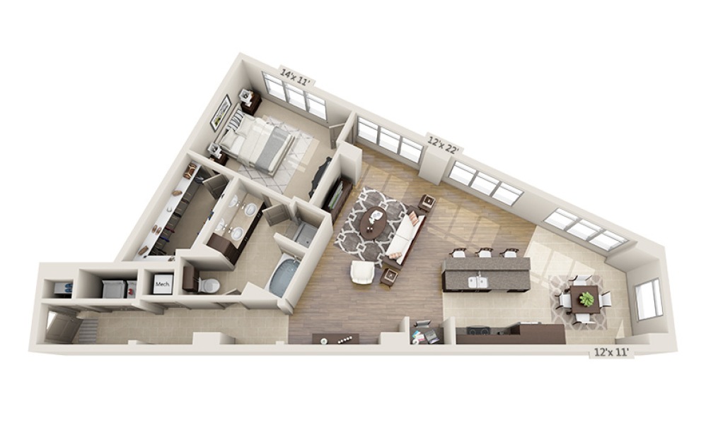 A1I - 1 bedroom floor plan layout with 1 bathroom and 1231 square feet