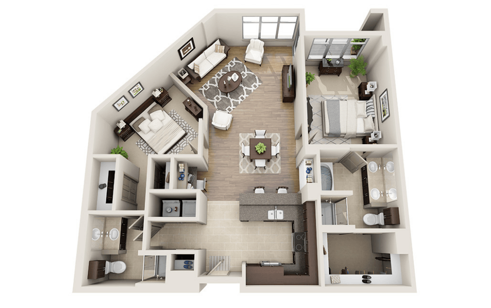 B2B - 2 bedroom floor plan layout with 2 bathrooms and 1271 square feet