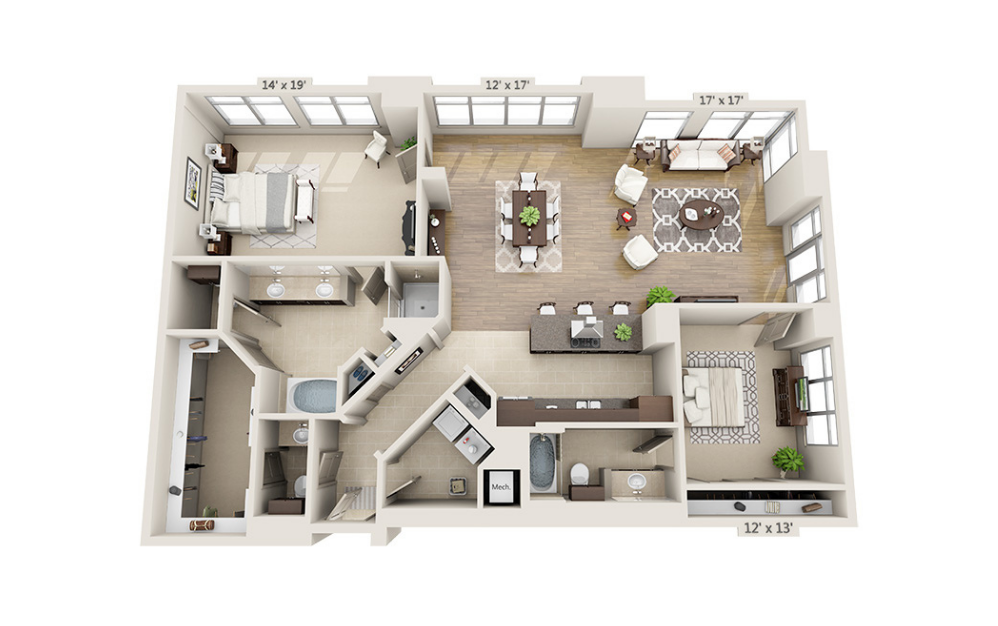 B2.5 - 2 bedroom floor plan layout with 2.5 bathrooms and 2085 square feet