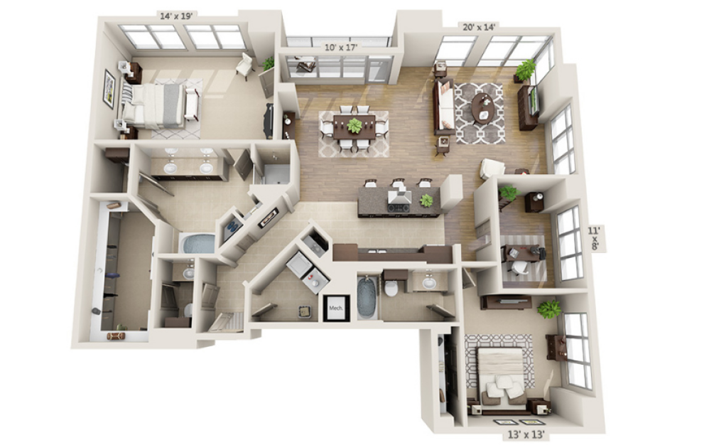 B2.5D - 2 bedroom floor plan layout with 2.5 bathrooms and 2082 square feet