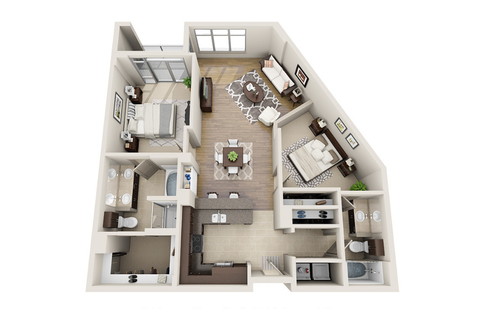 B2A - 2 bedroom floor plan layout with 2 bathrooms and 1190 square feet