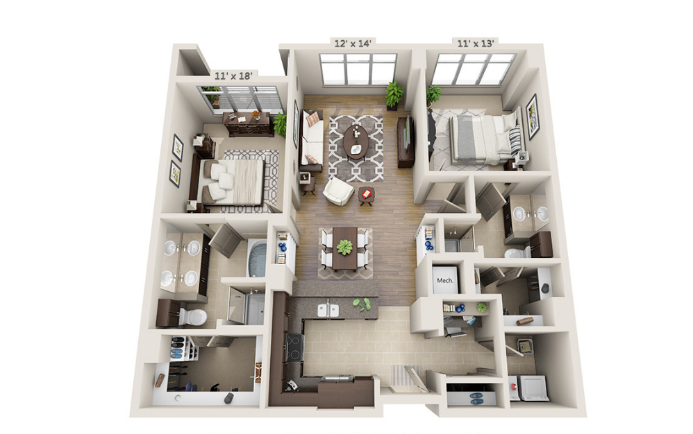 B2C - 2 bedroom floor plan layout with 2 bathrooms and 1295 square feet