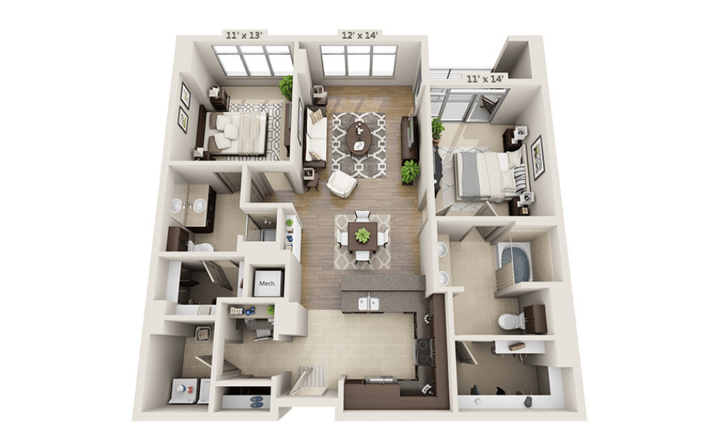 B2D - 2 bedroom floor plan layout with 2 bathrooms and 1295 square feet