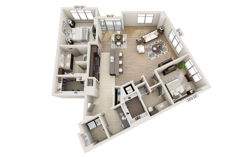 B2G - 2 bedroom floor plan layout with 2 bathrooms and 1620 square feet