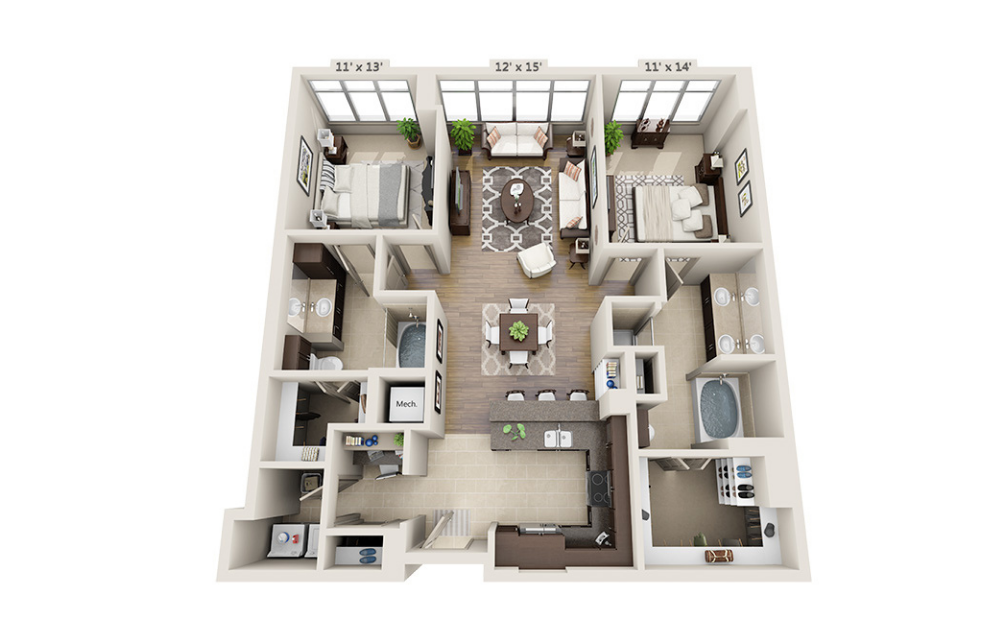 B2F - 2 bedroom floor plan layout with 2 bathrooms and 1315 square feet