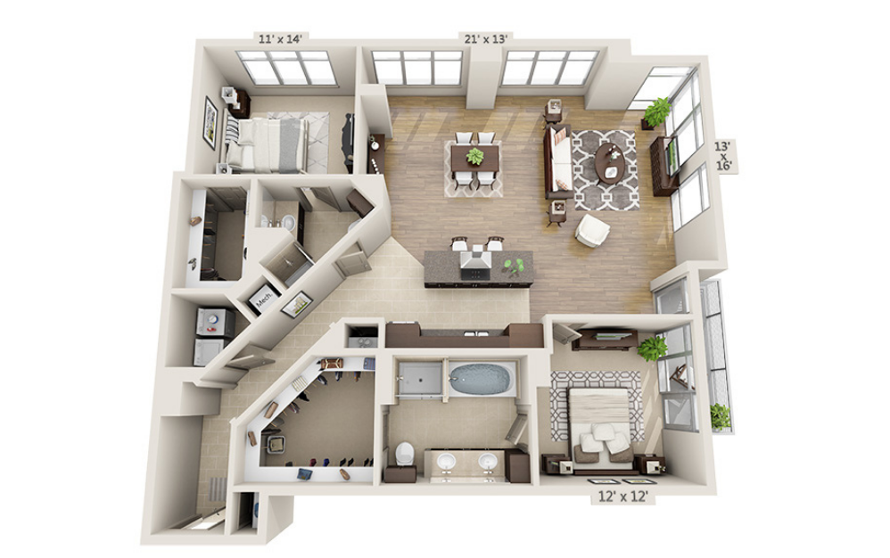 B2H - 2 bedroom floor plan layout with 2 bathrooms and 1665 square feet
