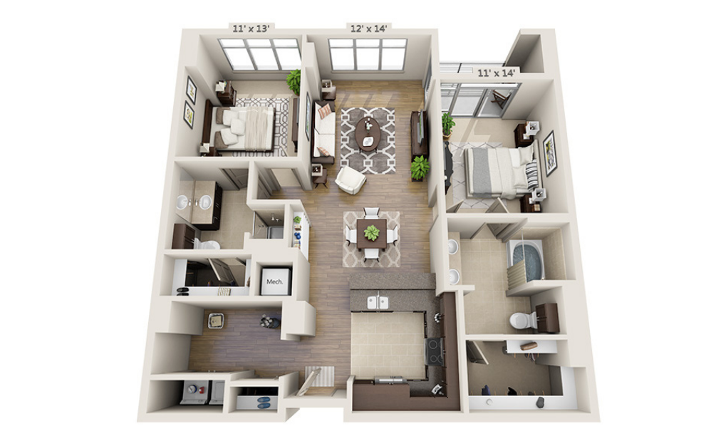 B2E - 2 bedroom floor plan layout with 2 bathrooms and 1295 square feet