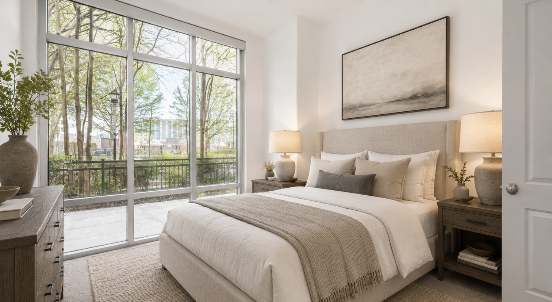 Bedroom with large windows and direct terrace access at Ashton South End apartments in Charlotte NC