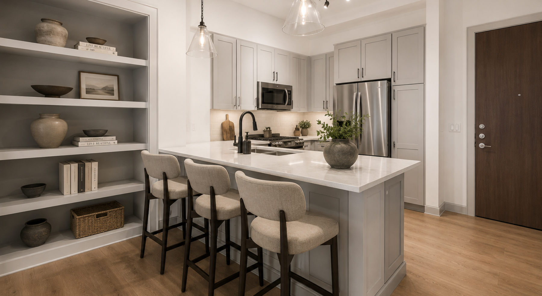 Modern kitchen with peninsula seating, stainless steel appliances, and built-in shelving in South End Charlotte apartment