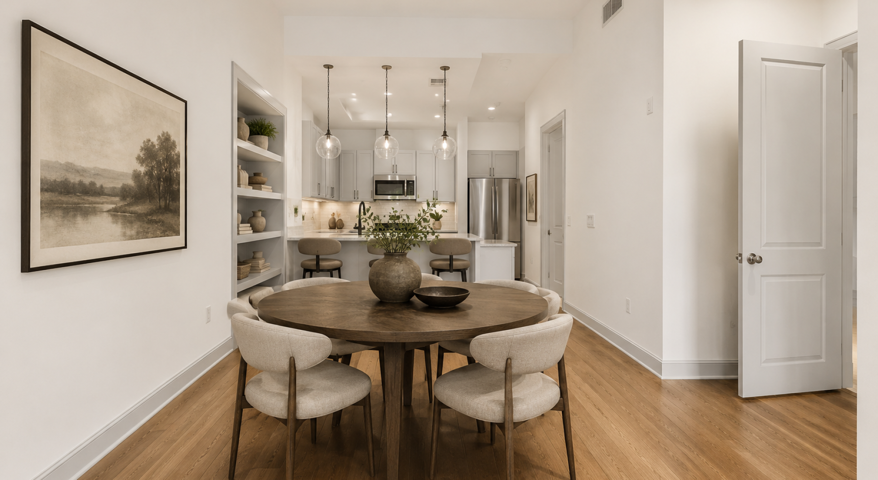 Dining area with round table and open kitchen featuring peninsula seating and stainless steel appliances in South End Charlotte apartment
