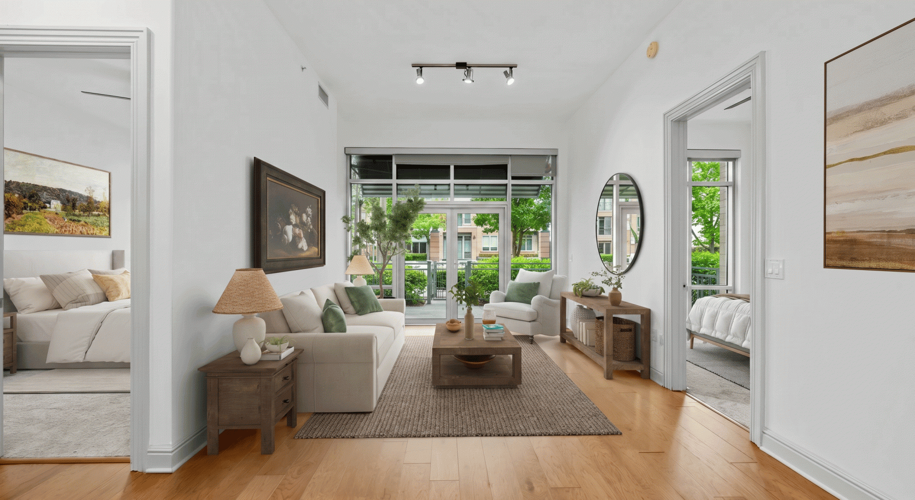 Bright living room with high ceilings and access to private terrace in South End Charlotte apartment