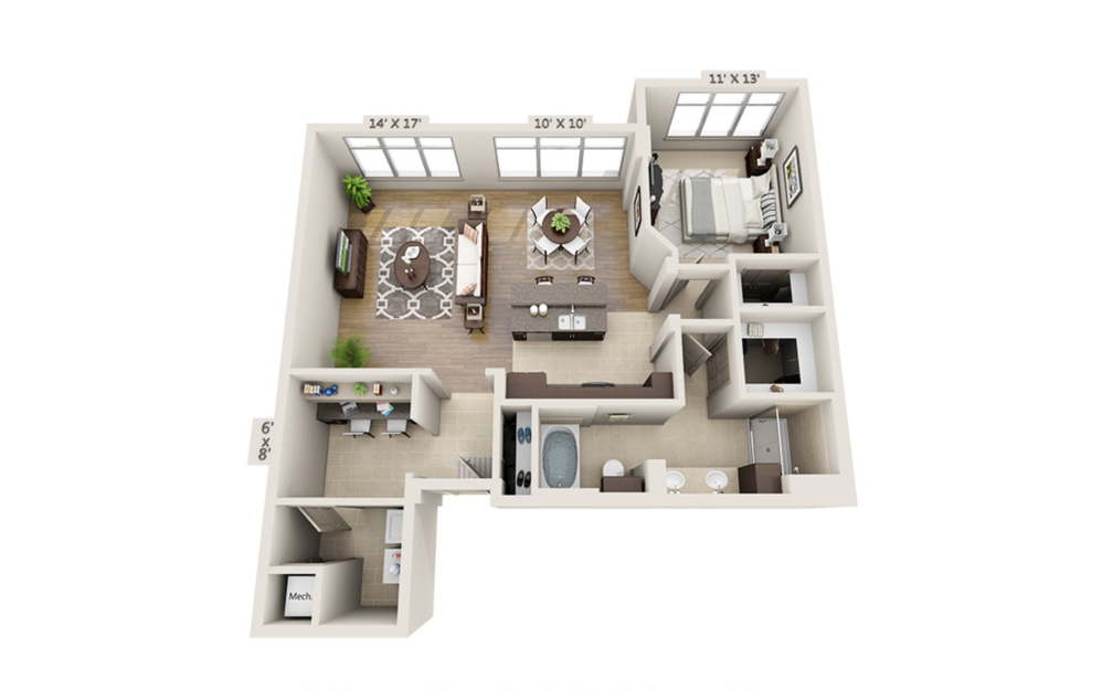 A1H - 1 bedroom floor plan layout with 1 bathroom and 1102 square feet